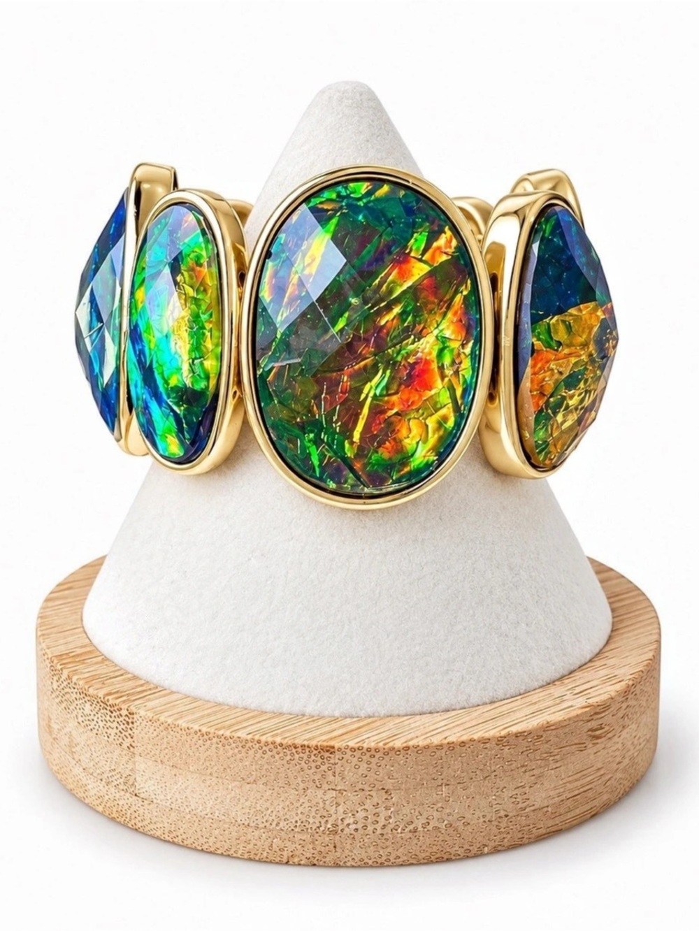 Iridescent Chunky Stretch Bracelet Gold Tone Oval Stone Statement Y2K